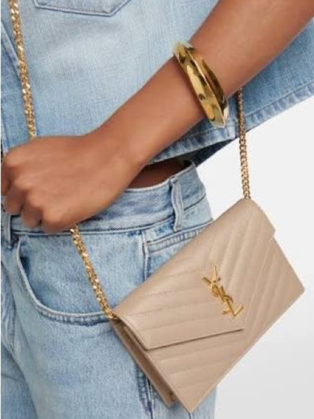 Saint Laurent Beige Quilted Leather YSL Chain Crossbody